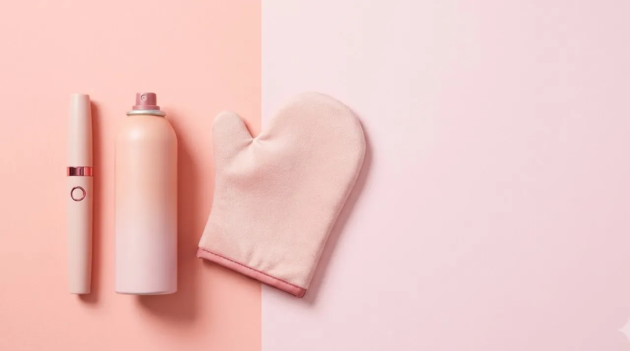 Airbrush pen, aerosol can and tanning mitt side by side — what sunless tanning options look like