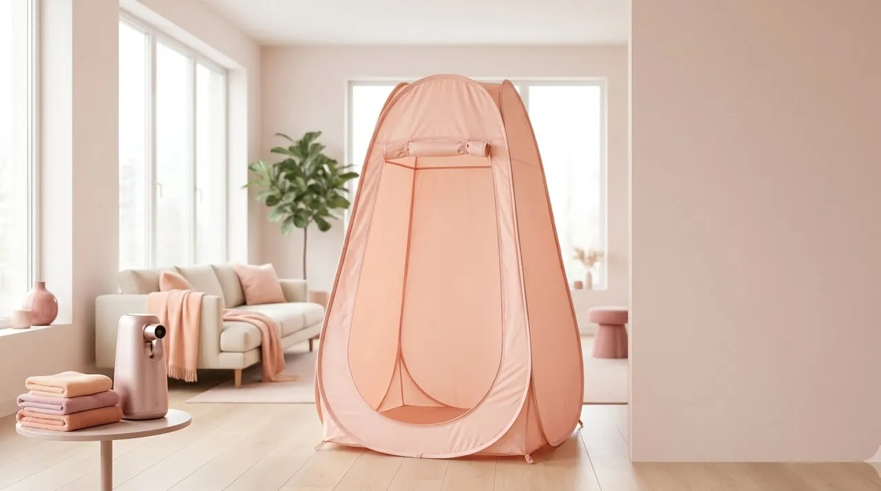 Pop-up tanning tent and spray machine in a bright living room — the best at home spray tan setup