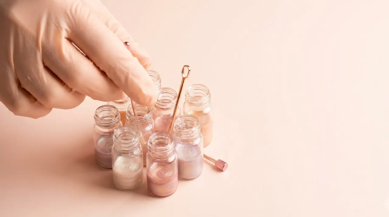 Gloved hand mixing custom tan shades in glass vials — custom airbrush tan color matching