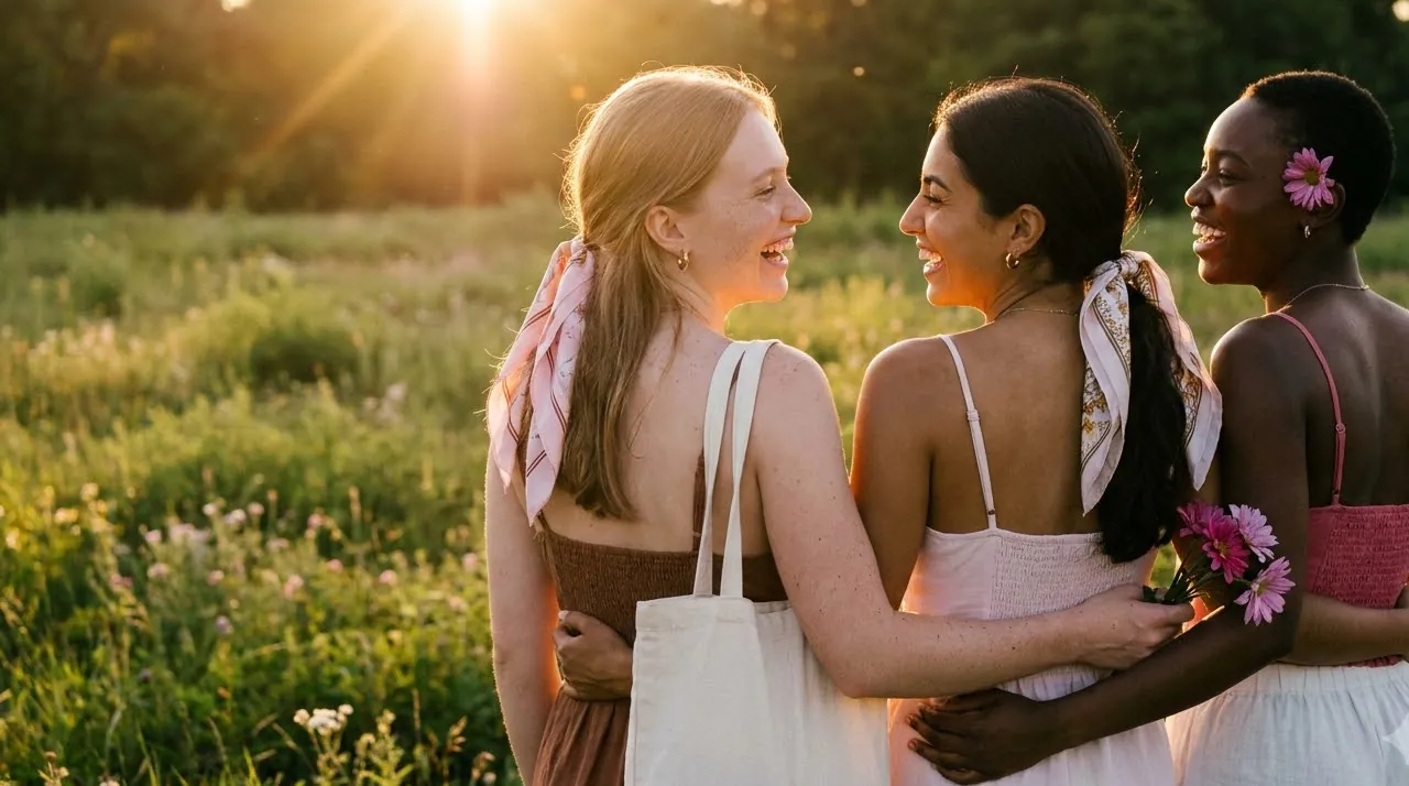 Three friends glowing at a golden-hour photoshoot — spray tan glow for proms and parties