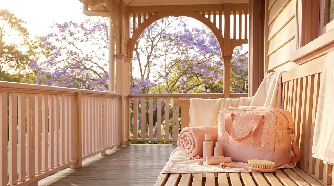 Tanning kit bag on a sunlit craftsman porch in Brentwood — home spray tan on LA's Westside