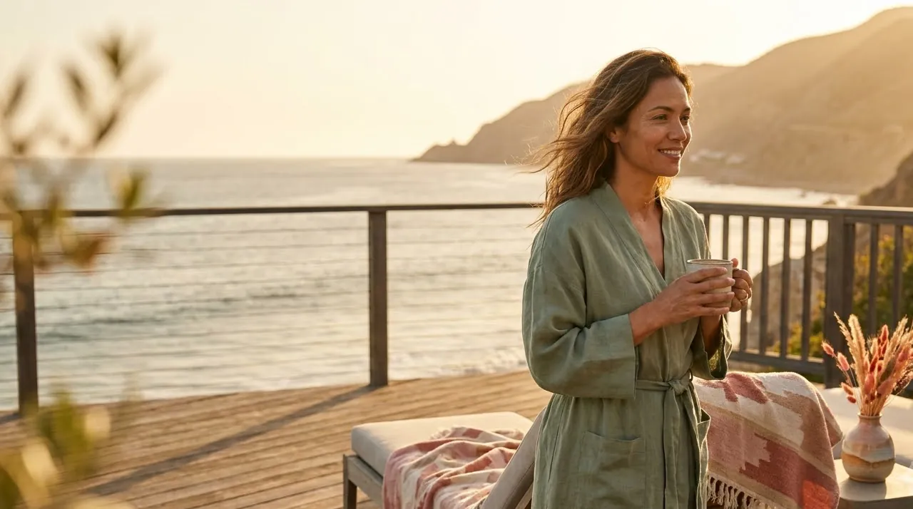 Woman in a sage robe with a natural bronze glow on an ocean-view Malibu deck — natural spray tan at home