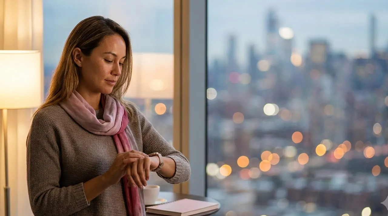 Woman checking her watch by a window with city lights behind — rapid same-day spray tan in Hollywood