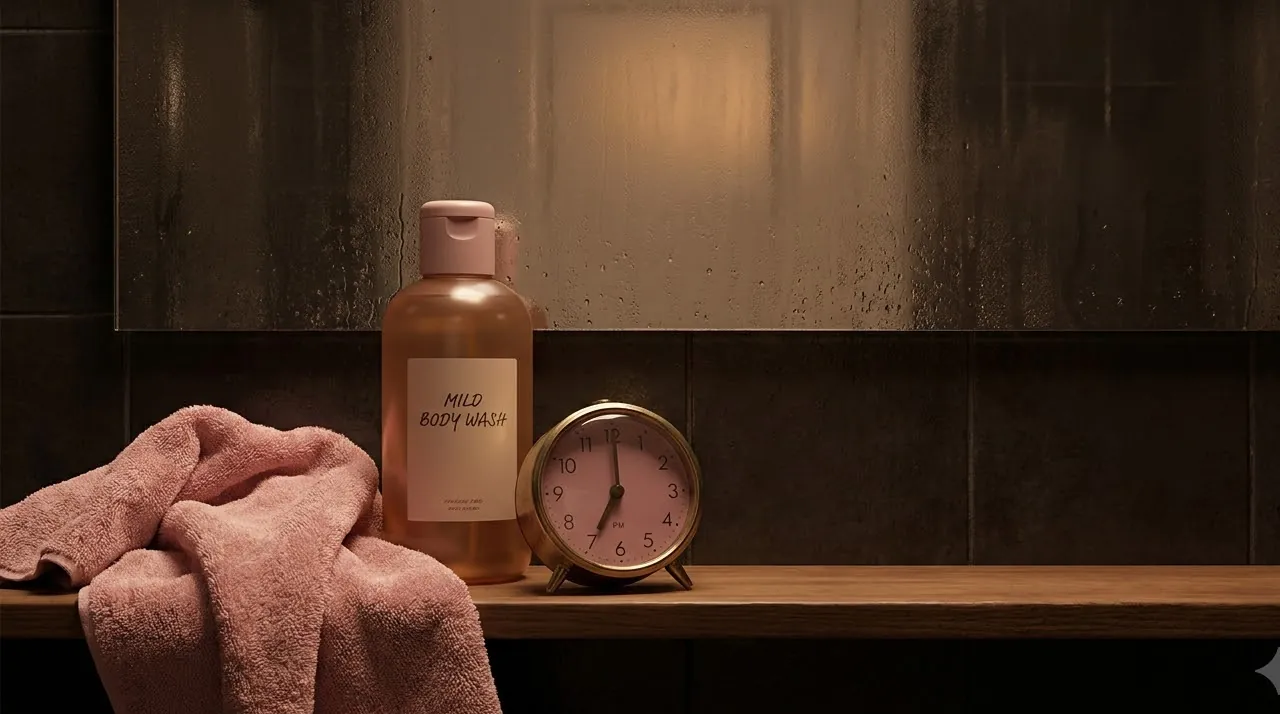 Towel, mild body wash and a clock on a bathroom shelf — spray tan aftercare essentials