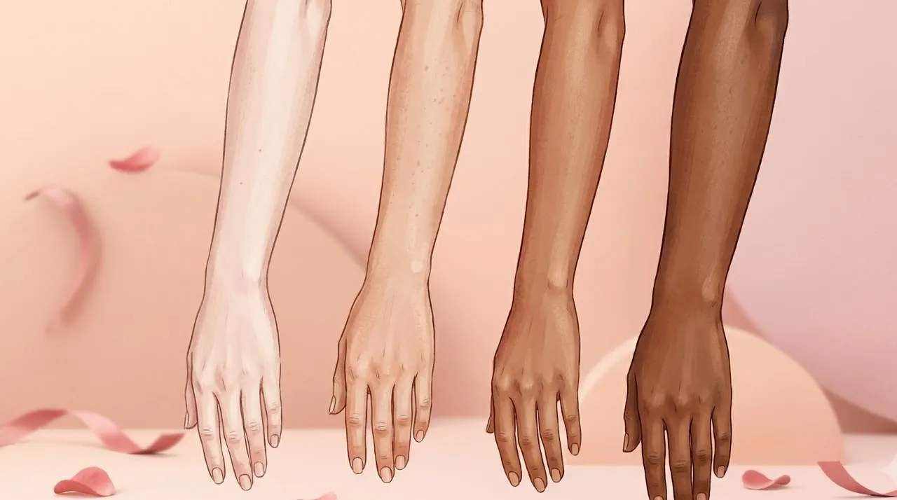 Illustrative range of spray tan shades from fair to deep bronze — before and after tone levels