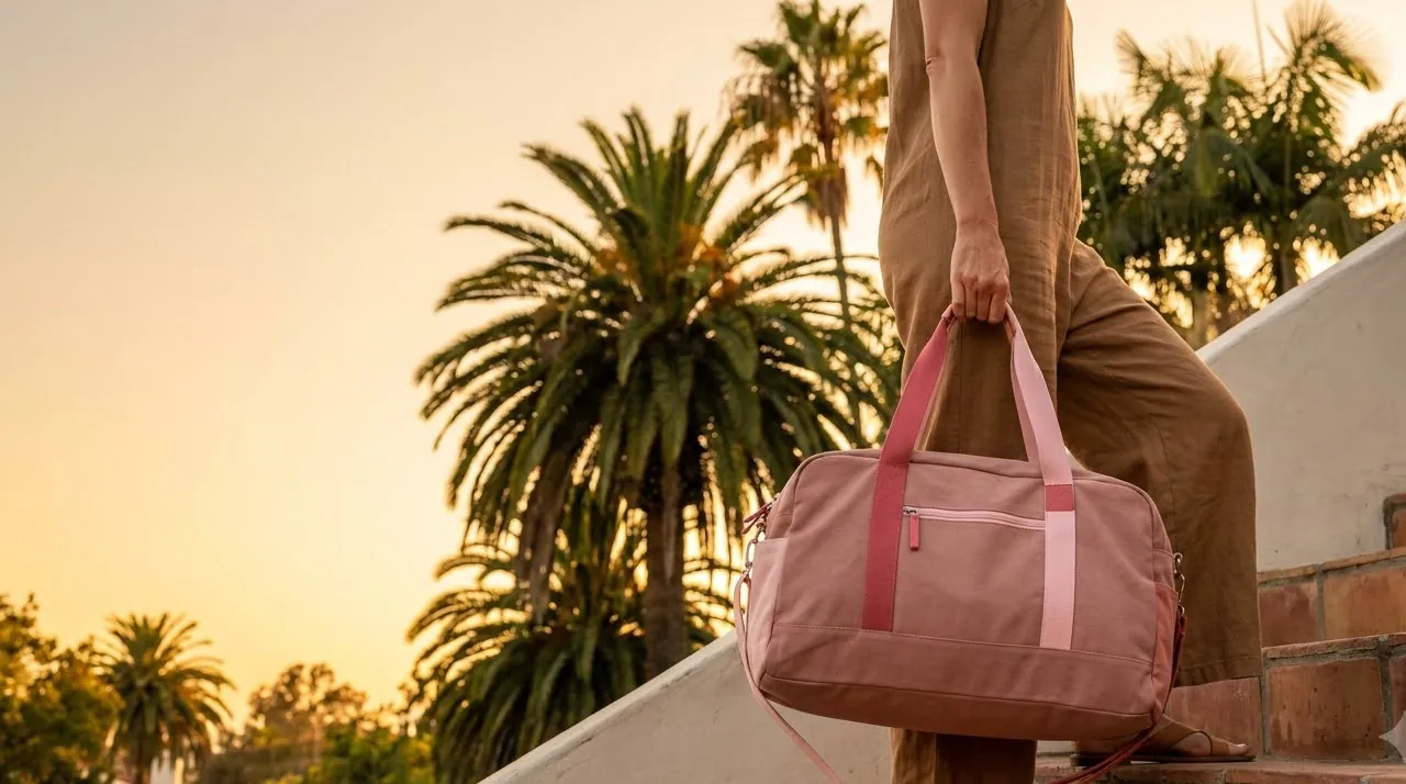 Tanning artist arriving at a Spanish-style LA home at golden hour for a mobile spray tan in Los Angeles