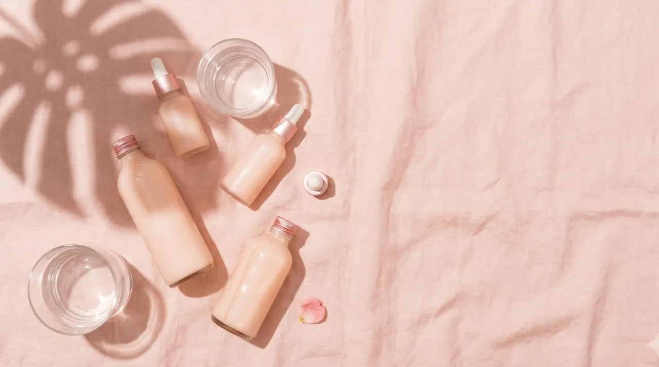 Oil-free moisturizer bottles and water on blush linen — spray tan safe moisturizers flat-lay