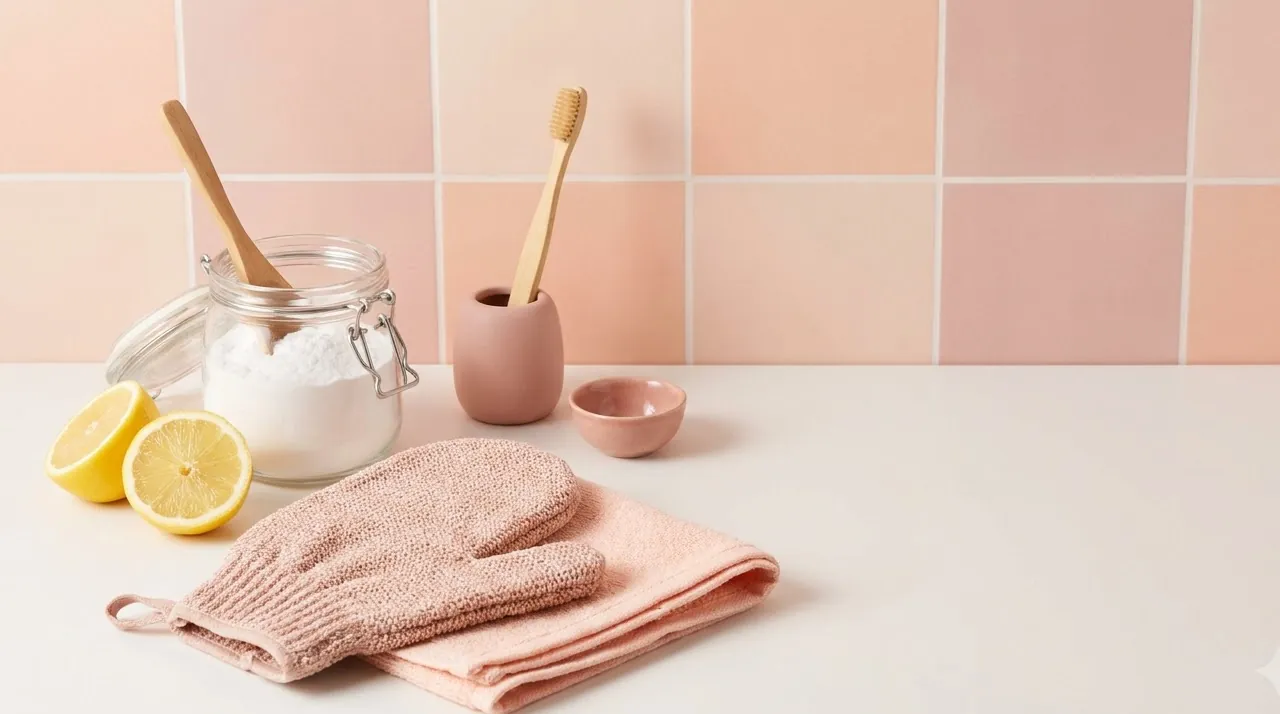 Lemon halves, baking soda and an exfoliating mitt on a counter — spray tan removal at home