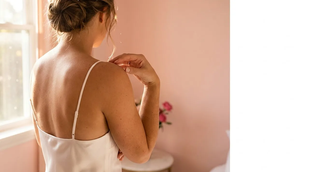 Bride's glowing shoulders above a white silk dress — wedding spray tan by Intansify LA